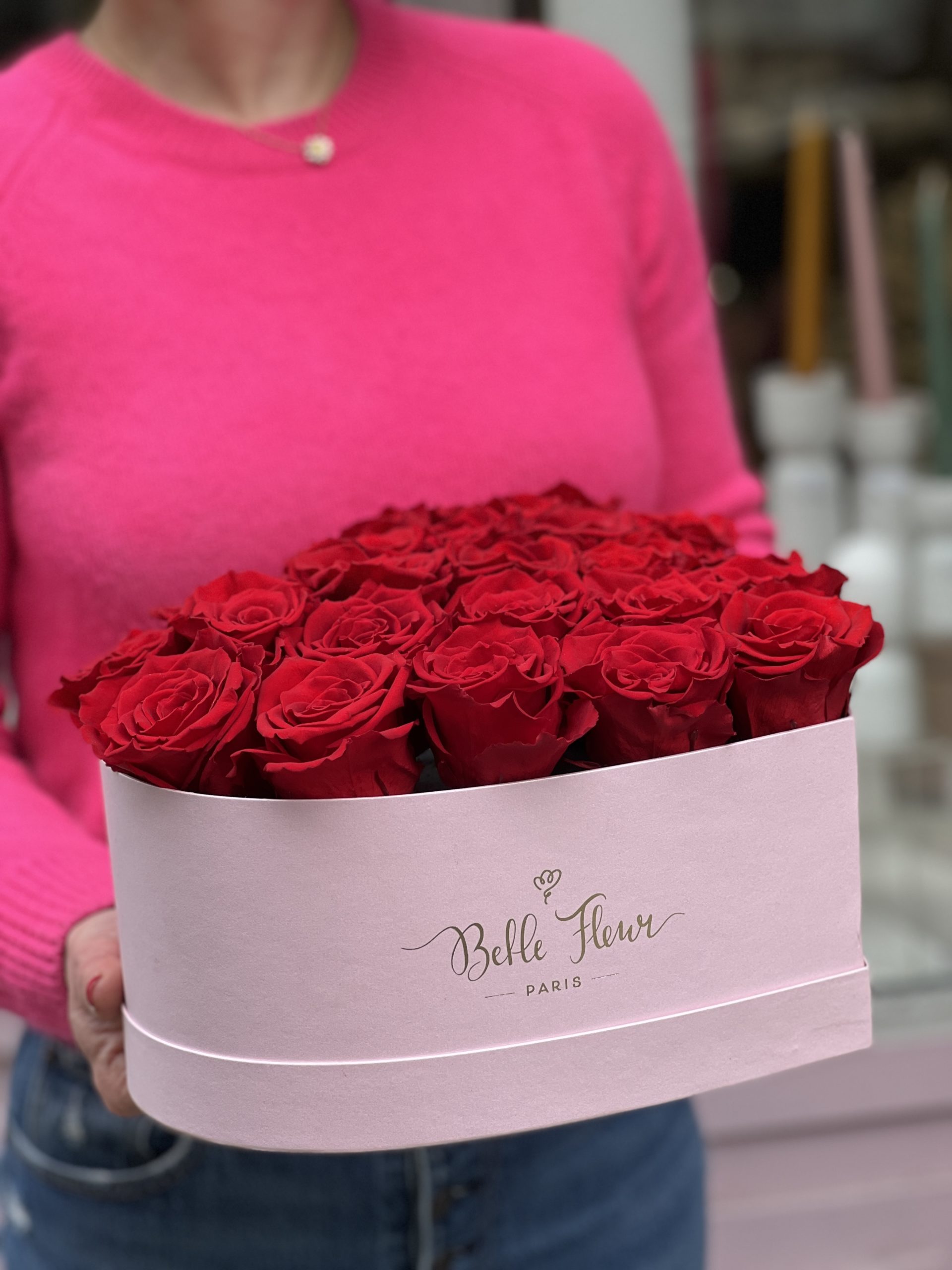 Boîte cœur rose à roses éternelles