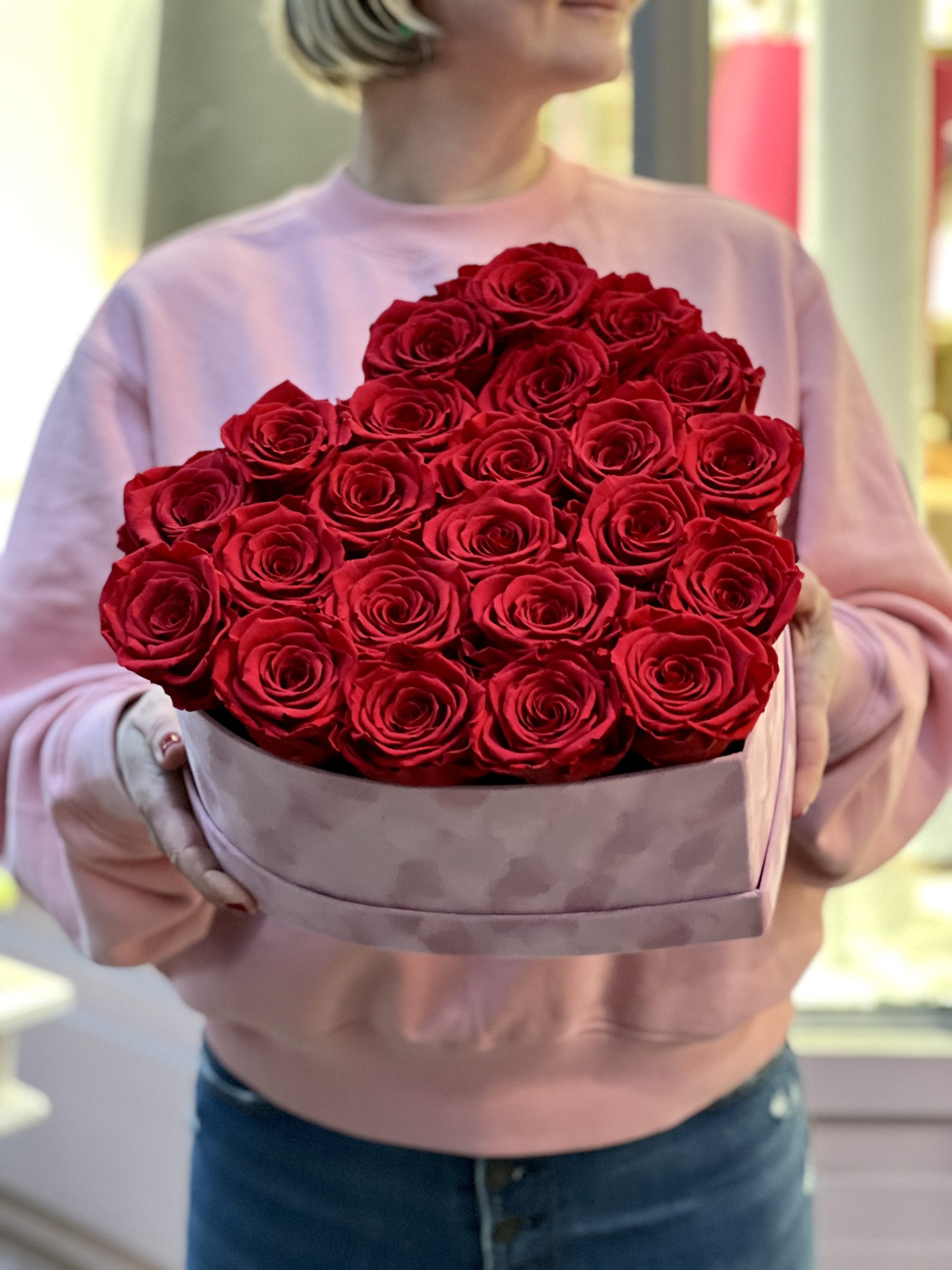Boîte velours cœur rose à roses éternelles