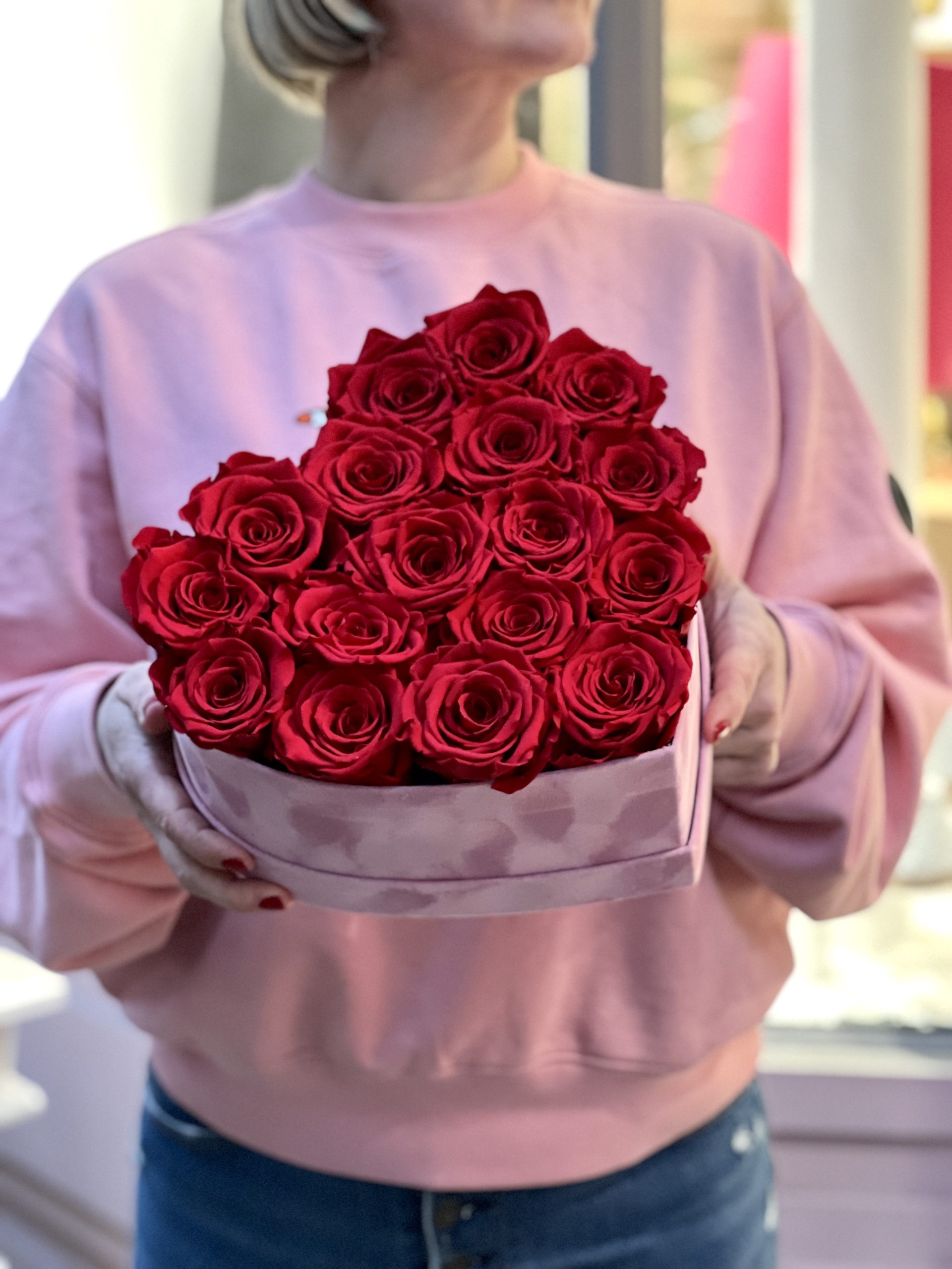Boîte velours cœur rose à roses éternelles